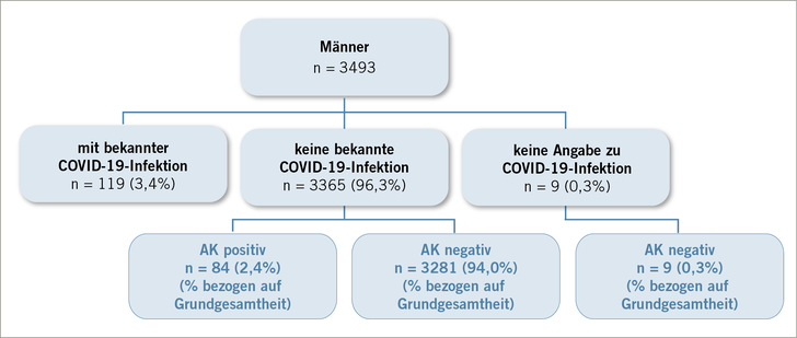 Abb﻿. 1:    Übersicht der Studienteilnehmer (Männer) und der Angaben zu bekannter COVID-19-Infektion sowie des Nachweises einer COVID-19-Infektion durch Antikörper gegen COVID-19
 
 Fig. 1: Overview of the study participants (male), information on known COVID-19 infection and demonstration of COVID-19 infection by COVID-19 antibodies