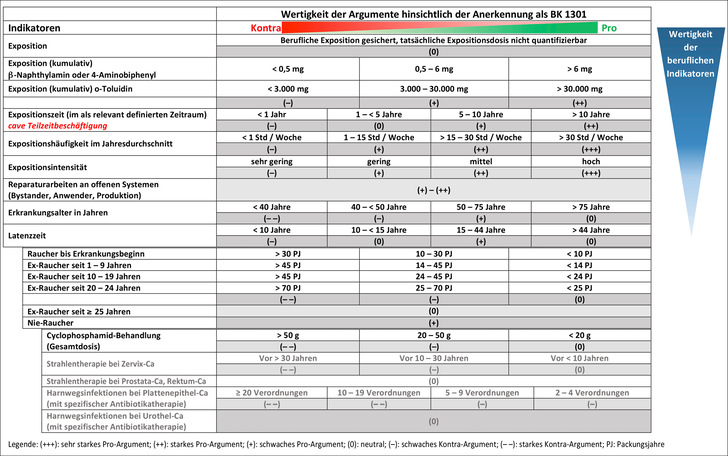 Abb﻿. 1:    BK 1301-Matrix für krebserzeugende aromatische Amine zur Wertung beruflicher und außerberuflicher Risikofaktoren des Harnblasen­karzinoms im Rahmen der Zusammenhangsbegutachtung einer Berufskrankheit nach Nr. 1301 der Anlage zur Berufskrankheitenverordnung
 
 Fig. 1: BK 1301 matrix for carcinogenic aromatic amines for the evaluation of occupational and non-occupational risk factors of bladder cancer in the context 
of an assessment of an occupational disease according to No. 1301 of the Annex to the Ordinance on Occupational Disease