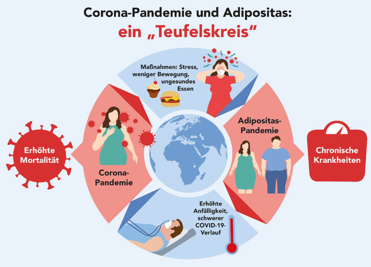  Abb. 1:    Bewegungsmangel, Stress und ungesundes Essen führen zu Adipositas, die wiederum zu höherer Anfälligkeit für Infektionskrankheiten wie COVID-19 und höherer Mortalität führt (Quelle: Presseinformation des EKFZ vom 02.06.2021).