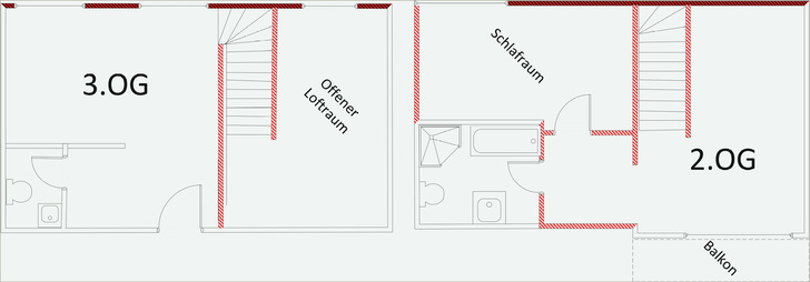 Abb. 1:   Skizze der begangenen Wohnung. Rot-schwarz schraffierte Wände: Primärquellen; rot-weiß schraffierte Wände: Sekundärquellen (Quelle: Fraunhofer IBP)