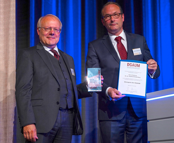 Prof. Stephan Brandenburg ( links ) erhält von DGAUM-Vize-Präsident Prof. Volker Harth den Ehrenpreis - © Foto: BGW
