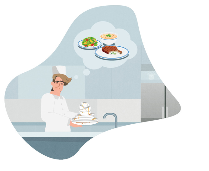  Abb. 1:   Beispiel für das Modul Überlastung aus dem E-Learning-Programm: Adams Traum vom kreativen Kochen ertrinkt in Spülwasser – soll er die Ausbildung hinschmeißen?