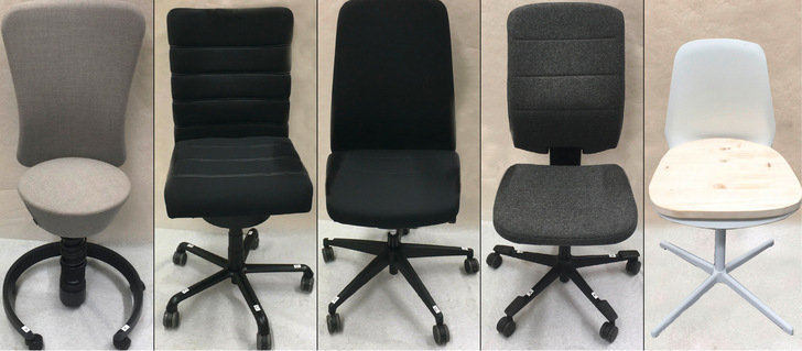  Abb. 1:   Untersuchungsgegenstände: vier Bürostühle mit Referenzstuhl (v.l.n.r.)