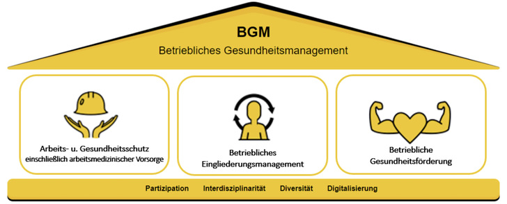 Abb. 1:    Säulenmodell des BGM im Projekt BGMvital (angepasst an BMAS, 2020). Anmerkung: Eigene Abbildung in Anlehnung an BGMvital (2021). Das Verbundprojekt BGMvital wird vom Bundesministerium für Bildung und Forschung (BMBF) gefördert, vom Institut für Arbeitsmedizin der Charité – Universitätsmedizin Berlin geleitet und in Zusammenarbeit mit dem Institut für klinische Epidemiologie und angewandte Biometrie des Universitätsklinikums Tübingen, des Instituts für Sportwissenschaften und dem Zentrum für Medienkompetenz der Universität Tübingen sowie der Hochschule der Medien durchgeführt