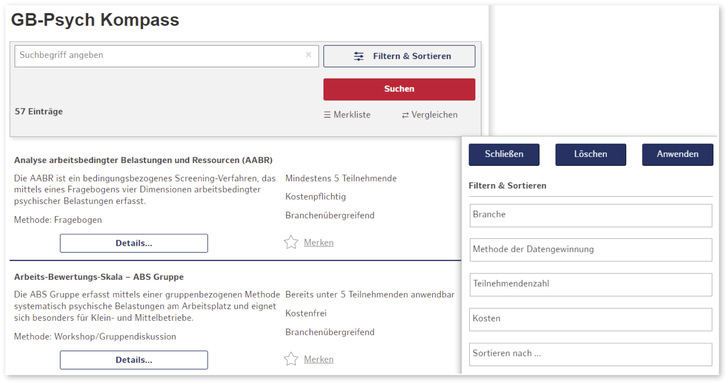Abb. 1:    Die Suchmaske mit der Instrumentenübersicht sowie der Filter- und Sortierfunktion im GB-Psych Kompass.  Hinweis:  Die Abbildung 
stellt auszugsweise lediglich zwei der insgesamt 57 Instrumente im GB-Psych Kompass dar - © Quelle:  https://www.hamburg.de/gb-psych-kompass/suche/
