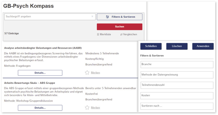 Abb. 1:    Die Suchmaske mit der Instrumentenübersicht sowie der Filter- und Sortierfunktion im GB-Psych Kompass.  Hinweis:  Die Abbildung 
stellt auszugsweise lediglich zwei der insgesamt 57 Instrumente im GB-Psych Kompass dar