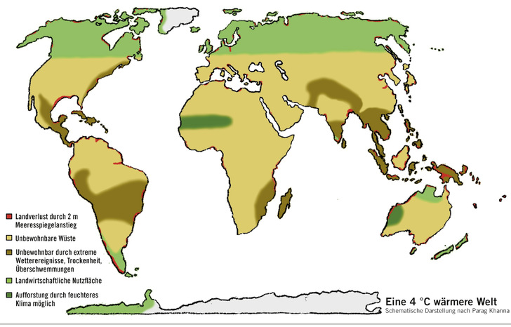 Abb. 1:    Wie sieht eine um 4 Grad wärmere Erde aus? (Zeichnung von Johanna Gemassmer nach einer Vorlage von Parag Khanna; Quelle: www.https://mymodernmet.com/parag-khanna-global-warming-map/)