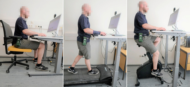 Abb. 1:   Versuchsaufbau für die drei Teilversuche Sitzen (links), Laufband (Mitte) und Deskbike (rechts)