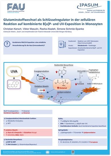 Gern! Hier ist ein optimierter, barrierefreier Alt-Text für das beschriebene Bild, zugeschnitten auf die Zielgruppe und die thematischen Schwerpunkte der Website: Alt-Text-Vorschlag: „Wissenschaftliches Poster mit Schaubildern und Text zur Rolle des Glutamin-Stoffwechsels in Monozyten bei Belastung durch UV-Strahlung und Benzo[a]pyren; Fokus auf arbeitsmedizinisch relevante Gesundheitsrisiken und Präventionsmöglichkeiten im Arbeitsschutz.“ Begründung: Der Alt-Text bezieht sich nicht nur neutral auf das wissenschaftliche Poster, sondern hebt klar den Bezug zu Prävention, arbeitsmedizinischer Relevanz sowie Risiken hervor – exakt abgestimmt auf Betriebsärzte & Co. sowie auf den Kontext der ASU-Arbeitsmedizin-Webseite. Die wichtigsten Informationen sind also auch für blinde oder sehbehinderte Nutzer*innen erfassbar. Soll es noch spezifischer sein (z.B. Bezug auf digitale Innovationen oder Leitlinien)? Gerne gebe ich das weiter an Ihre Wünsche!.