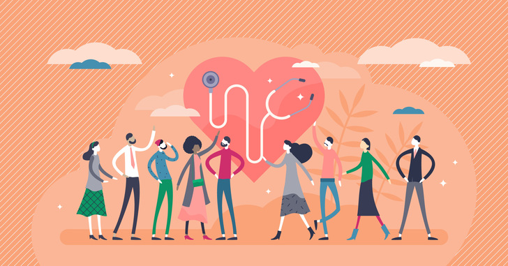 Illustration verschiedener Menschen mit einem stethoskopförmigen Herz im Hintergrund, das Gesundheitsfürsorge und Gemeinschaft symbolisiert. - © VectorMine - stock.adobe.com