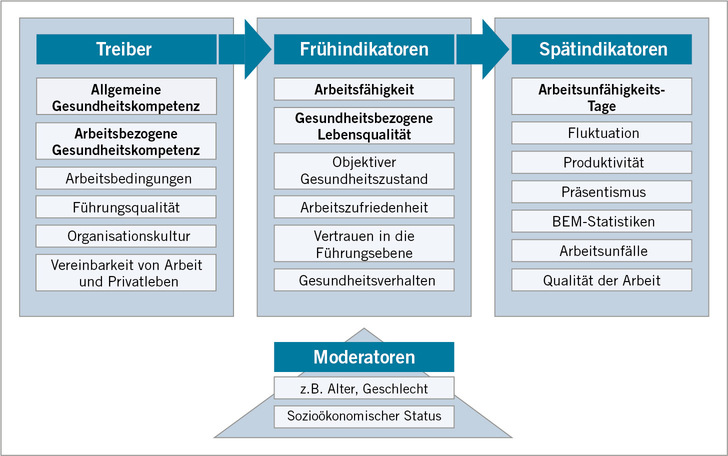 Abb. 1:    Eigene Darstellung eines Treiber-Indikatoren-Modells nach Treier (2023) und Uhle u. Treier (2019). Fettgedruckte Merkmale wurden in die Analyse einbezogen (Arbeitsunfähigkeitstage wurden subjektiv und retrospektiv erhoben) 
 Fig. 1: Own illustration of a driver-indicator model based on Treier (2023) and Uhle and Treier (2019). Bolded features were included in the analysis (days of work incapacity were assessed subjectively and retrospectively)