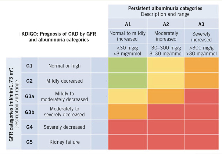 Abb. 1:    CKD Heatmap nach KDIGO Guideline 2024. Die Farben markieren Risikokategorien für das renale Progressionsrisiko und kardiovaskuläres Risiko (grün: niedriges Risiko; gelb: moderat erhöhtes Risiko; orange: hohes Risiko; rot: sehr hohes Risiko). GFR: Glomeruläre Filtrationsrate