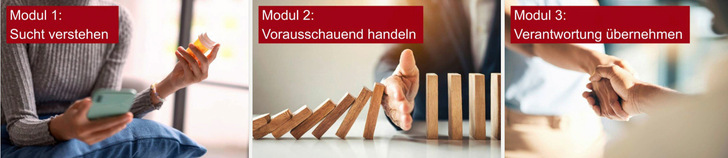 Module des Web-Based Trainings “Suchtprävention in der Arbeitswelt” (Screenshot von der Website der iga)