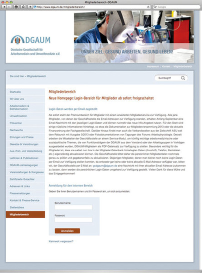 <p>
Homepage der DGAUM mit Anmeldemaske zum Premiumbereich für Mitglieder
</p>