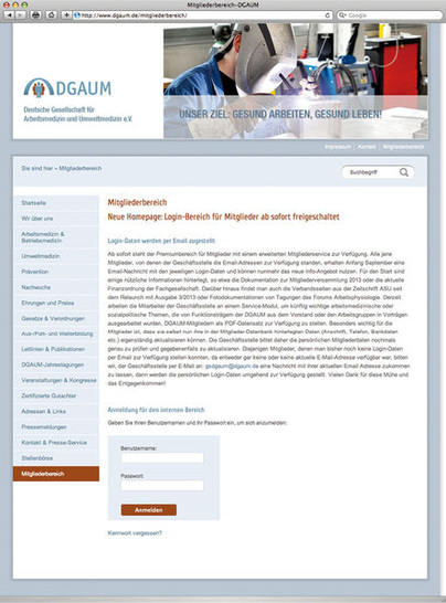 
Homepage der DGAUM mit Anmeldemaske zum Premiumbereich für Mitglieder
