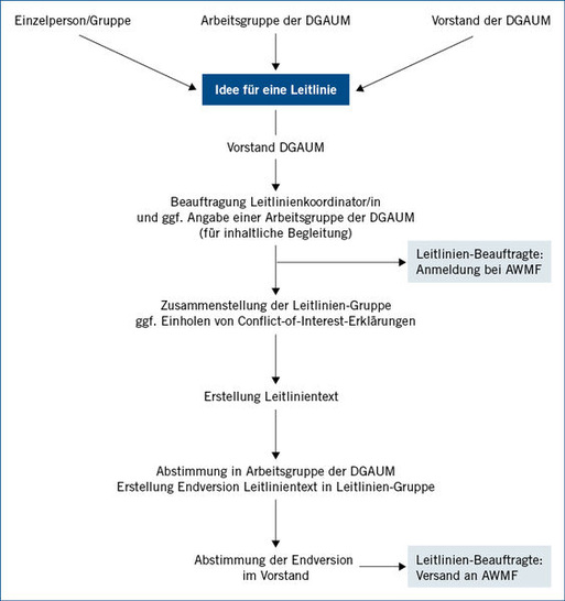 
 Abb.
 
1: 
 
Schematische Darstellung der Vorgehensweise bei der Erstellung von Leitlinien unter Federführung der DGAUM (Stand: 15.11.2013)
