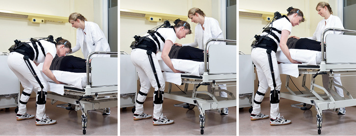 



 Abb. 1: 
 Standardisierter Ablauf verschiedener Pflegetätigkeiten an drei unterschiedlichen Betthöhen: Matratzenoberkante auf 1. Kniehöhe, 2. Oberschenkelhöhe und 3. Leistenhöhe
