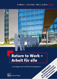 <p>
A. Weber, L. Peschkes, W. de Boer (Hrsg.)
</p>

<p>
Return to Work – Arbeit für alle
</p>

<p>
854 Seiten, 1. Aufl., Genter Verlag, Stuttgart
</p>

<p>
ISBN: 978–3-87247–758-3
</p>

<p>
Preis: € 89,–
</p>