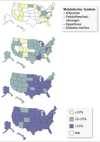 
 Abb.1: 
 Ausbreitung des Metabolischen Syndroms in den USA in der Zeit von 1985 bis 1999 (nach Mokdad et al. 1999)
