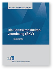 <p>
G. Mehrtens, S. Brandenburg
</p>

<p>
<b>Die Berufskrankheitenverordnung (BKV) – Kommentar</b>
</p>

<p>
Loseblattwerk. Erich Schmidt Verlag, Berlin, 2016.
</p>

<p>
ISBN: 978-3-503-01497-2 (Abonnement) bzw.978-3-503-11051-3 (Einzelbezug)
</p>

<p>
Preis: Grundwerk € 80,– und zzgl. Versand, ca. 2 Ergänzungslieferungen pro Jahr (im Abonnement)Grundwerk € 146,– (im Einzelbezug)
</p>