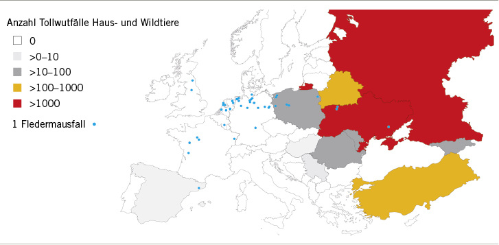 <p>
<span class="GVSpitzmarke"> Abb. 1: </span>
 Bestätigte Tollwutfälle bei Fledermäusen sowie Haus- und Wildtieren in Europa 2016 (WHO 2017). Karte bereitgestellt von PresentationLoad GmbH
</p>