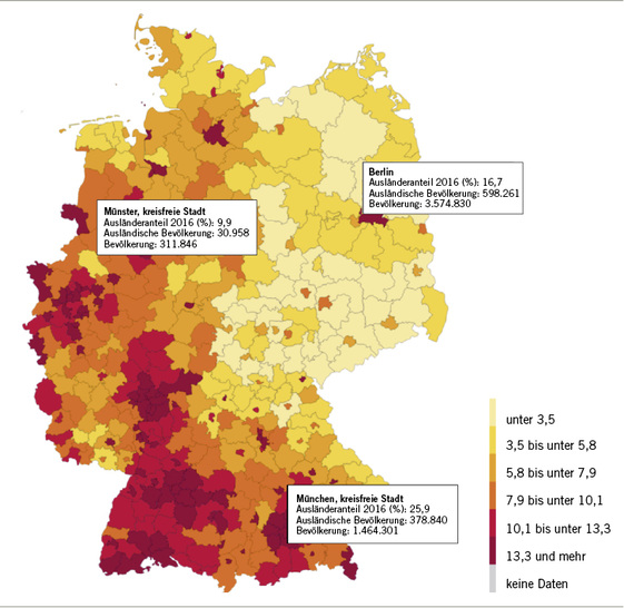 
 Abb. 1: 
 Migration und Regionen, Ausländeranteil in %, Stichtag 31.12.2016 (Quelle: 

https://service.destatis.de/DE/karten/migration_integration_regionen.html

, Stand: 20.06.2018)
