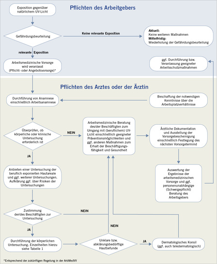 
 Abb. 1: 
 Ablaufschema für eine arbeitsmedizinische Vorsorge bei beruflicher Exposition gegenüber natürlichem UV-Licht
