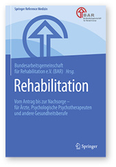<p>
Bundesarbeitsgemeinschaft für Rehabilitation e.V. (BAR)
</p>

<p>
<b>Rehabilitation</b>
</p>

<p>
<b>Vom Antrag bis zur Nachsorge – für Ärzte, Psychologische Psychotherapeuten und andere Gesundheitsberufe</b>
</p>

<p>
541 S., Springer, Berlin, Heidelberg, 2018.
</p>

<p>
ISBN: 978-3-662-54249-1
</p>

<p>
Preis: 49,99 € (Hardcover)
</p>