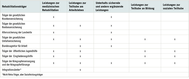 <p>
<span class="GVSpitzmarke"> Tabelle 1: </span>
 Rehabilitationsträger und Zuständigkeiten. Quelle: Bundesarbeitsgemeinschaft für Rehabilitation e.V. (BAR), 2018
</p>