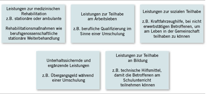  Abb. 1:   Beispiele für Leistungen zur Teilhabe nach Leistungsgruppen (eigene Darstellung nach § 5 SGB IX)