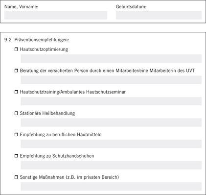  Abb. 1:    Blatt 4 des Formulars Hautarztbericht (F6050): Punkt 9.2: Möglichkeit der Empfehlung individualpräventiver Maßnahmen durch den betriebsärztlichen Dienst