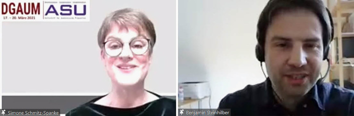Der erste Preis des ASU Best Paper Awards wurde online im Rahmen der Eröffnungveranstaltung der DGAUM-Jahrestagung durch die ASU-Chefredakteurin, Frau Prof. Dr. Schmitz-Spanke verliehen. Der Screenshot zeigt die offizielle Übergabe des Preises an Dr. Benjamin Steinhilber, der ihn stellvertretend für das Autorenteam in Empfang nahm.