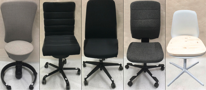  Abb. 1:   Untersuchungsgegenstände: vier Bürostühle mit Referenzstuhl (v.l.n.r.)