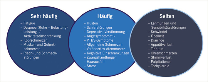  Abb. 1:   Pragmatische Einteilung der Symptomhäufigkeit von Long-/Post COVID nach aktueller Literatur ohne Anspruch auf Vollständigkeit 
 Fig. 1: Pragmatic classification of the symptom frequency of long/post-COVID according to current literature, with no claim to completeness