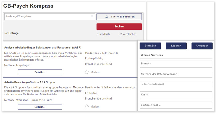 Abb. 1:    Die Suchmaske mit der Instrumentenübersicht sowie der Filter- und Sortierfunktion im GB-Psych Kompass.  Hinweis:  Die Abbildung 
stellt auszugsweise lediglich zwei der insgesamt 57 Instrumente im GB-Psych Kompass dar