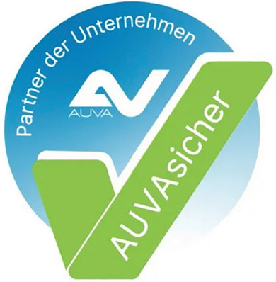 Alt-Text: "Grünes und blaues Logo mit den Worten 'AUVA sicher' und 'Partner der Unternehmen', symbolisiert Zusammenarbeit im Arbeitsschutz, betriebliche Gesundheitsförderung und innovative Präventionskonzepte für Betriebsärzte und Arbeitsmediziner.