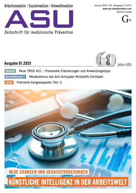 Alt-Text: „Magazincover mit dem Titel ‚Künstliche Intelligenz im Arbeitsschutz‘, zeigt eine Roboterhand in Interaktion mit digitalen Diagrammen zur Optimierung betrieblicher Gesundheitsstrategien.