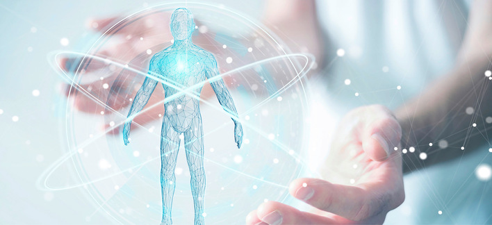 Alt-Text: „Illustration einer digitalen menschlichen Figur umgeben von leuchtenden Kreisen und Partikeln, die symbolisch für den Einsatz moderner Technologien im Arbeitsschutz und betrieblichen Gesundheitsmanagement steht. - © Foto: © sdecoret-stock.adobe.com