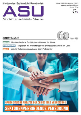 Alt-Text: „Titelbild eines Fachmagazins mit einem Kreis aus Arbeitsmedizinern, die symbolisch ihre Hände zusammenschließen, begleitet von deutschem Text über die Integration von Präventivmaßnahmen und digitaler Innovation im betrieblichen Gesundheitsmanagement.