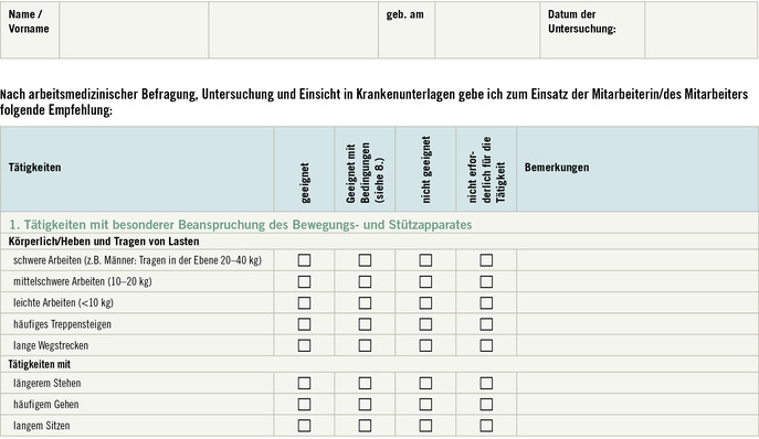 „Formular zur arbeitsmedizinischen Beurteilung körperlicher Aktivitäten, fokussiert auf die Beurteilung der Trag- und Hebefähigkeiten im Kontext von Arbeitsschutz und ergonomischen Maßnahmen.