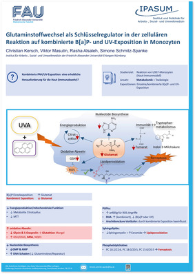 Gern! Hier ist ein optimierter, barrierefreier Alt-Text für das beschriebene Bild, zugeschnitten auf die Zielgruppe und die thematischen Schwerpunkte der Website: Alt-Text-Vorschlag: „Wissenschaftliches Poster mit Schaubildern und Text zur Rolle des Glutamin-Stoffwechsels in Monozyten bei Belastung durch UV-Strahlung und Benzo[a]pyren; Fokus auf arbeitsmedizinisch relevante Gesundheitsrisiken und Präventionsmöglichkeiten im Arbeitsschutz.“ Begründung: Der Alt-Text bezieht sich nicht nur neutral auf das wissenschaftliche Poster, sondern hebt klar den Bezug zu Prävention, arbeitsmedizinischer Relevanz sowie Risiken hervor – exakt abgestimmt auf Betriebsärzte & Co. sowie auf den Kontext der ASU-Arbeitsmedizin-Webseite. Die wichtigsten Informationen sind also auch für blinde oder sehbehinderte Nutzer*innen erfassbar. Soll es noch spezifischer sein (z.B. Bezug auf digitale Innovationen oder Leitlinien)? Gerne gebe ich das weiter an Ihre Wünsche!.