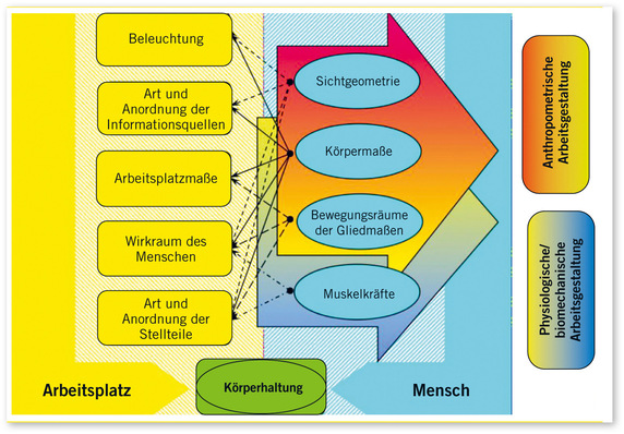 Abb. 1:    Beziehungsgeflecht zwischen Arbeitsplatzgestaltung und resultierender Körperhaltung (nach Robert Bosch GmbH)