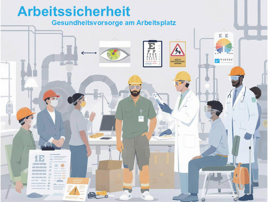 Abb. 1:    Visuelle 
Gesundheit im Betrieb: erkennen, prüfen, erhalten. Grafiken basieren 
auf mit OpenArt (https://openart.ai) erstellten KI-Bildern, kombiniert und bearbeitet von Philipp Haß, Vistec GmbH