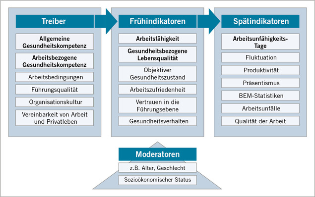 Abb. 1:    Eigene Darstellung eines Treiber-Indikatoren-Modells nach Treier (2023) und Uhle u. Treier (2019). Fettgedruckte Merkmale wurden in die Analyse einbezogen (Arbeitsunfähigkeitstage wurden subjektiv und retrospektiv erhoben) 
 Fig. 1: Own illustration of a driver-indicator model based on Treier (2023) and Uhle and Treier (2019). Bolded features were included in the analysis (days of work incapacity were assessed subjectively and retrospectively)