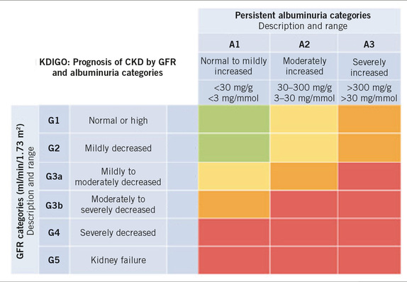 Abb. 1:    CKD Heatmap nach KDIGO Guideline 2024. Die Farben markieren Risikokategorien für das renale Progressionsrisiko und kardiovaskuläres Risiko (grün: niedriges Risiko; gelb: moderat erhöhtes Risiko; orange: hohes Risiko; rot: sehr hohes Risiko). GFR: Glomeruläre Filtrationsrate