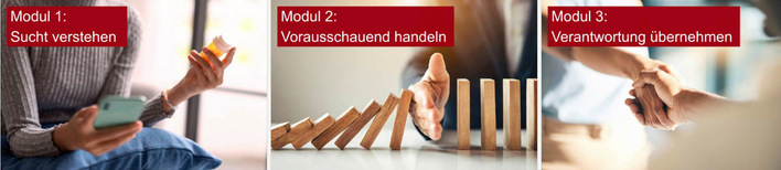 Module des Web-Based Trainings “Suchtprävention in der Arbeitswelt” (Screenshot von der Website der iga)