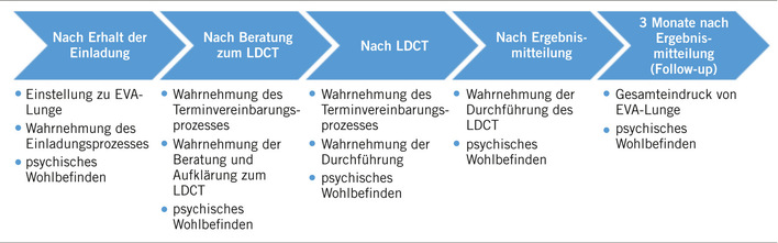 Abb. 1:   Themenschwerpunkte zu den fünf Befragungszeitpunkten im Verlauf der Teilnahme an EVA-Lunge (eigene Darstellung)