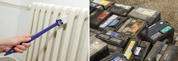 
Blei wurde früher als Rostschutzfarbe (Bleimennige) v. a. im Metallschutz eingesetzt. Auch beim Recyceln von Autobatterien ist eine Bleibelastung möglich
