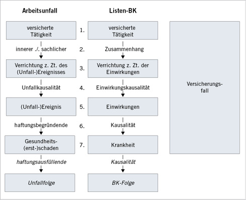 
 Abb. 1: 
 Prüfungsschema zur Anerkenntnis von Arbeitsunfällen und Berufskrankheiten (aus Becker 2010a)



