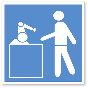 
 Abb. 1: 
 Hinweisschild auf ein kollaborierendes Robotersystem (Quelle: BG Metall)
